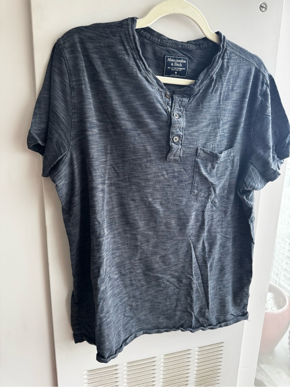 Abercrombie & Fitch Navy Heathered Henley Chest Pocket M